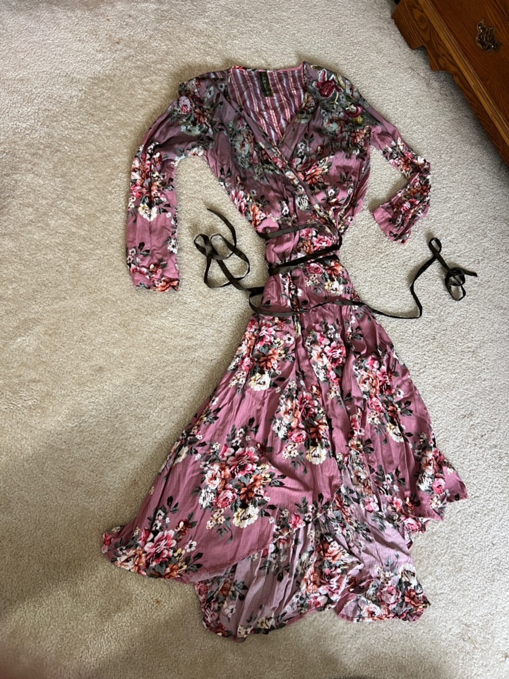 Aratta Silent Journey Floral Wrap Maxi Dress in Mauve Pink with Waist Tie - Picture 3 of 15